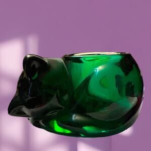 Vintage Indiana Glass Green Cat Candle Lite Glass 90s Votive Candle Holder